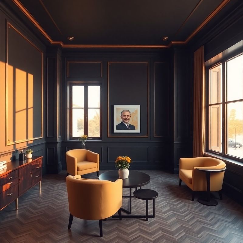 Interior de birou boutique de consultanță în investiții din Iași, pereți antracit cu accente aurii