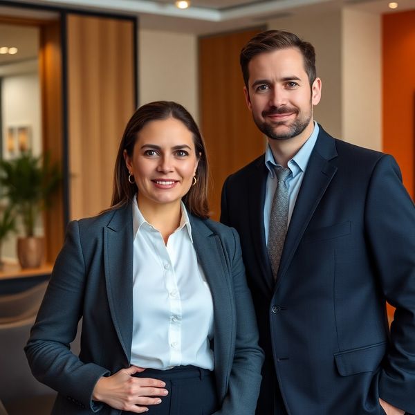 Doi consultanți financiari într-un birou boutique din Iași cu tonuri antracit și lemn cald